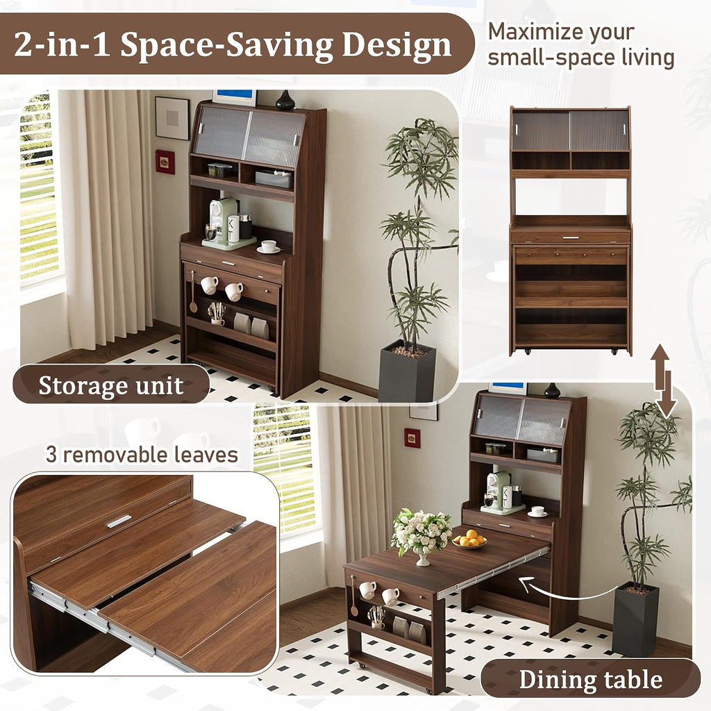 69 Inch Buffet with Hutch and Foldable Dining Table, Walnut | Walnut finish, MDF, dining room or apartment, foldable