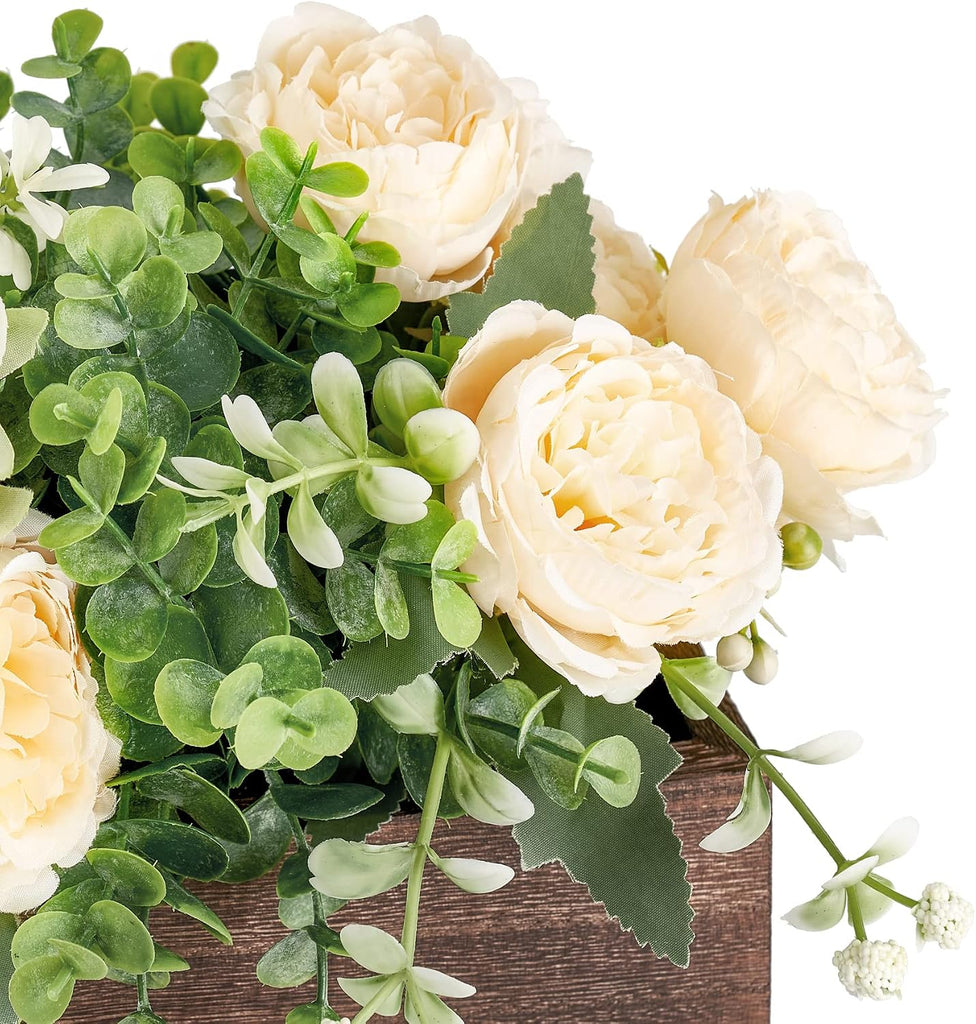 Centerpiece Table Decorations Farmhouse Table Centerpieces Decor Wood Tray with 3 Artificial Flowers and 2 Eucalyptus