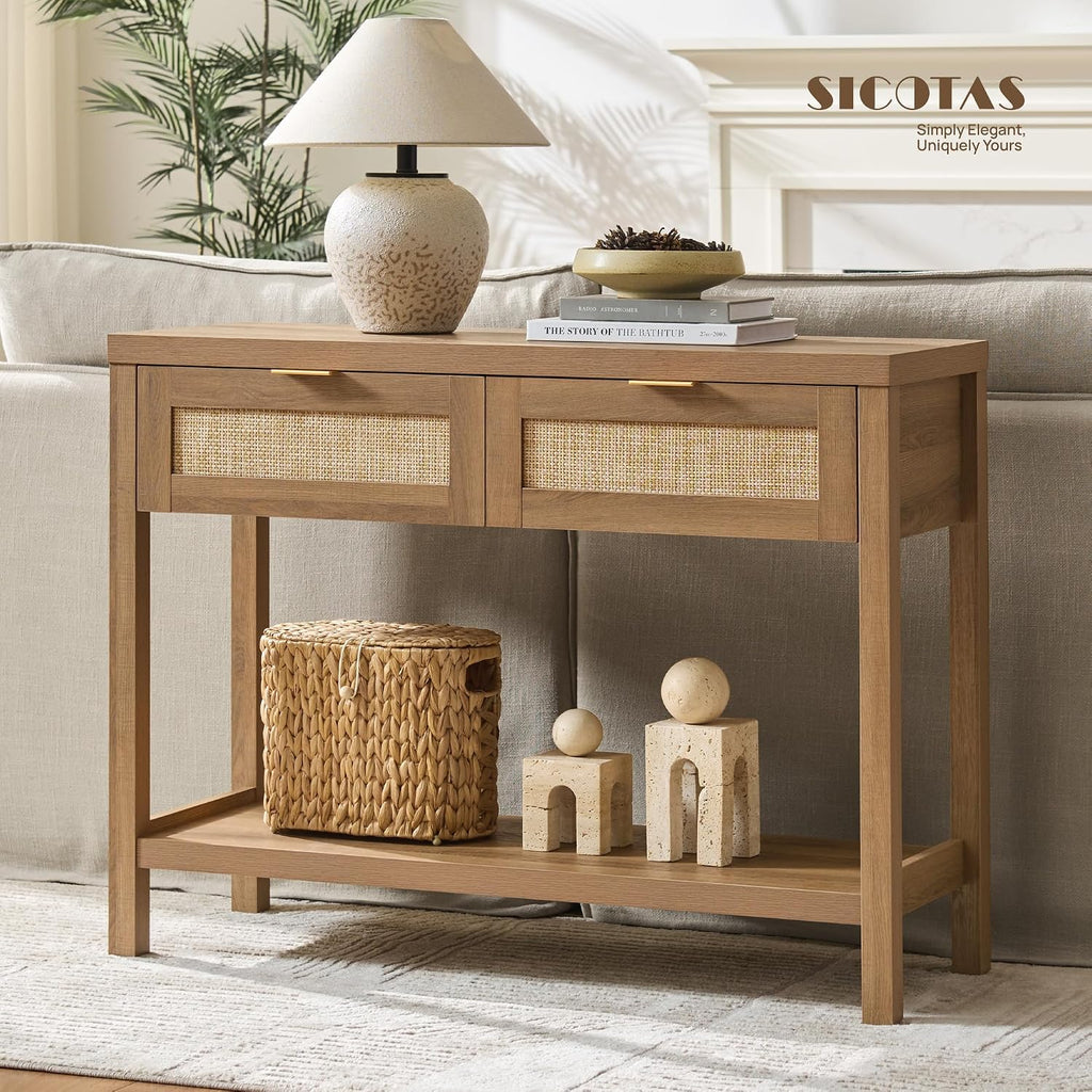 Console Table with Rattan Drawers - Boho Rattan Entryway Table with Storage, Small Console Tables , Entry Tables
