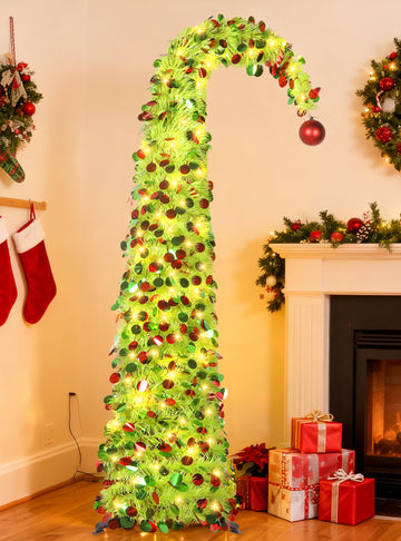 5 FT Whimsical Pop Up with Timer Lights, Lime Green Christmas Tinsel Tree Collapsible Artificial Curved Pencil Tree