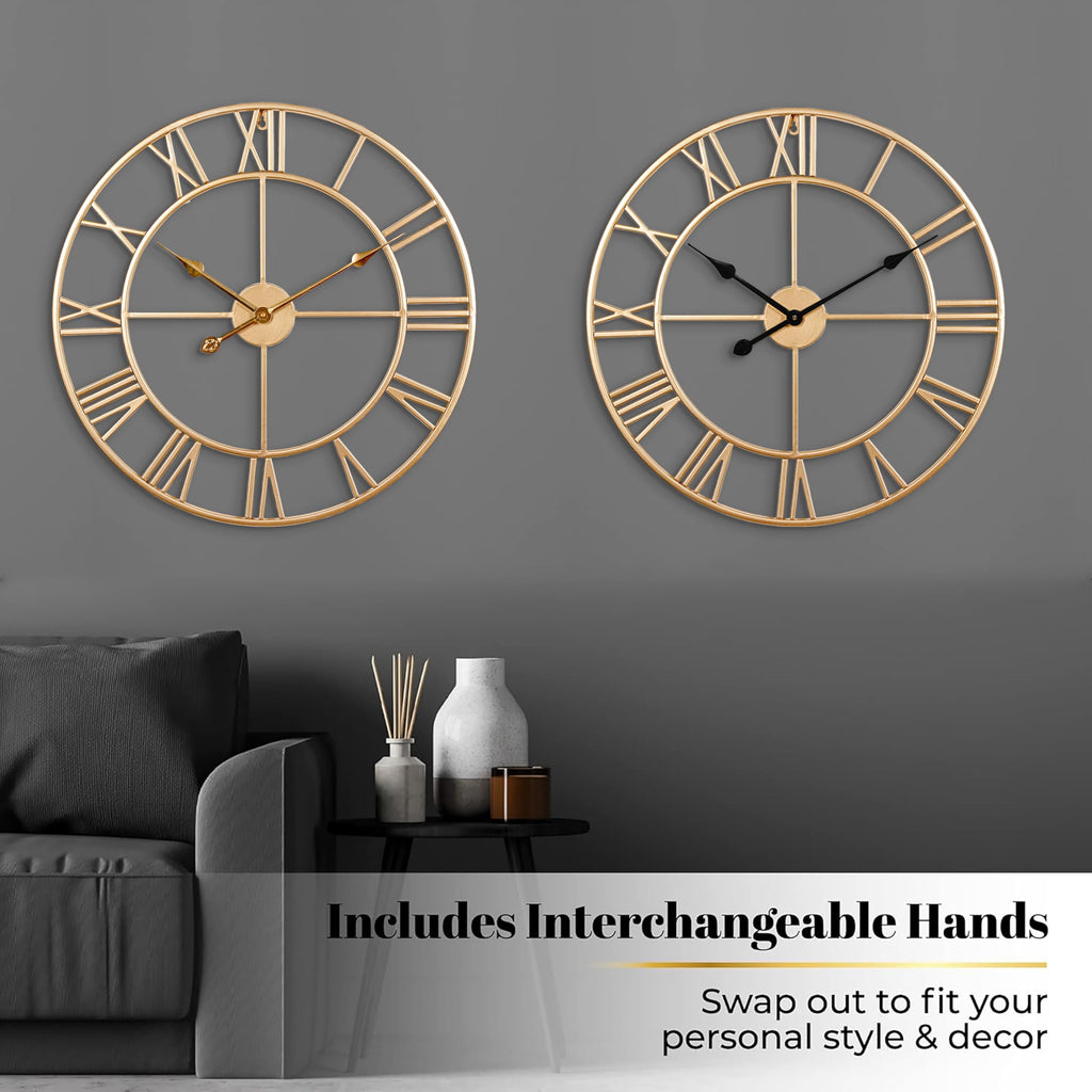 Silent 24 Inch Wall Clock Decor, Gold Roman Numeral