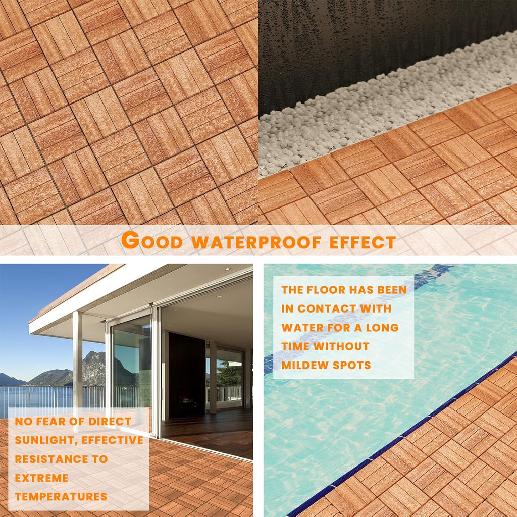 Acacia Wood Deck Tiles, 12" x 12" Interlocking Outdoor Flooring for Patio, Balcony, Backyard & Garden, Natural Wood