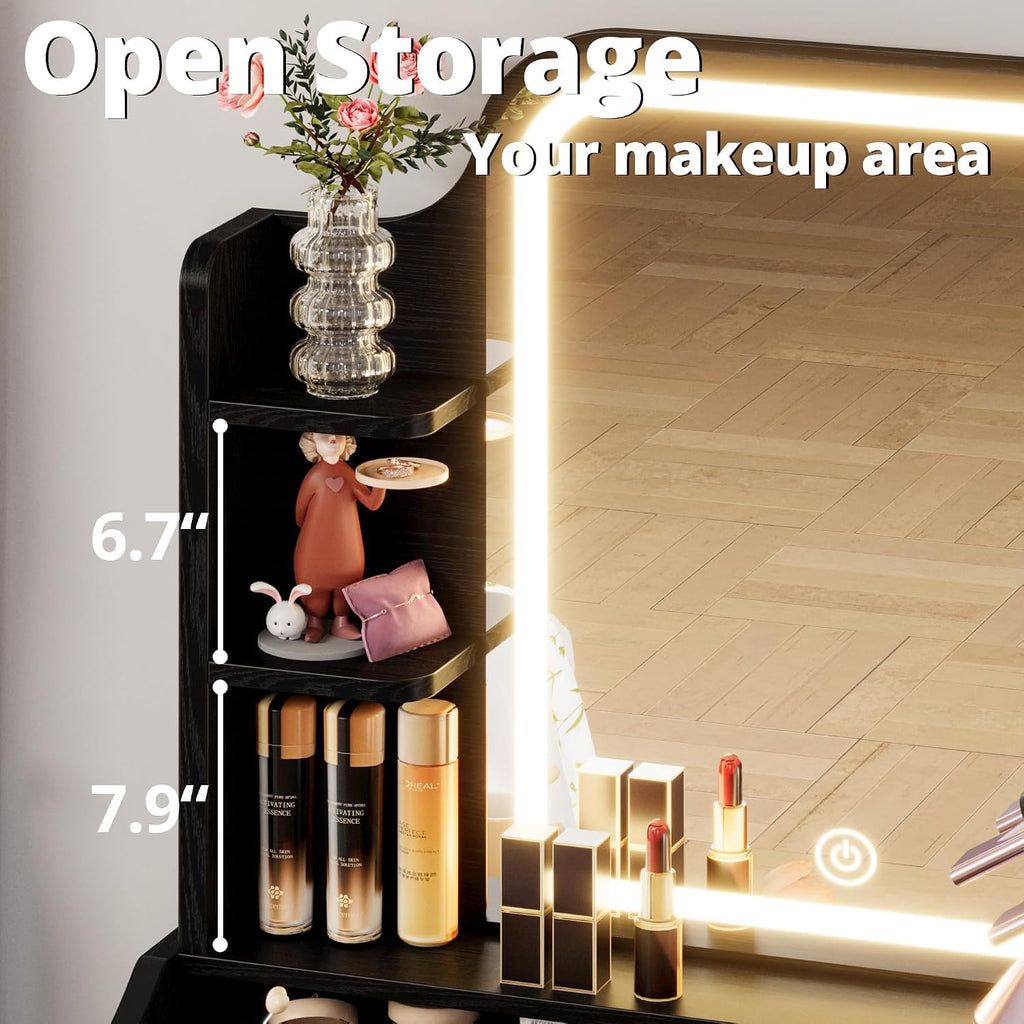 Small Vanity Desk with Mirror Lights and Storage Stool | Black compact vanity with 3 light modes, charging station