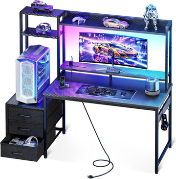 48 Inch Gaming Desk with Shelves & Hutch & 3 Drawers & LED Light | Reversible PC Desk with Tower Stand & Power