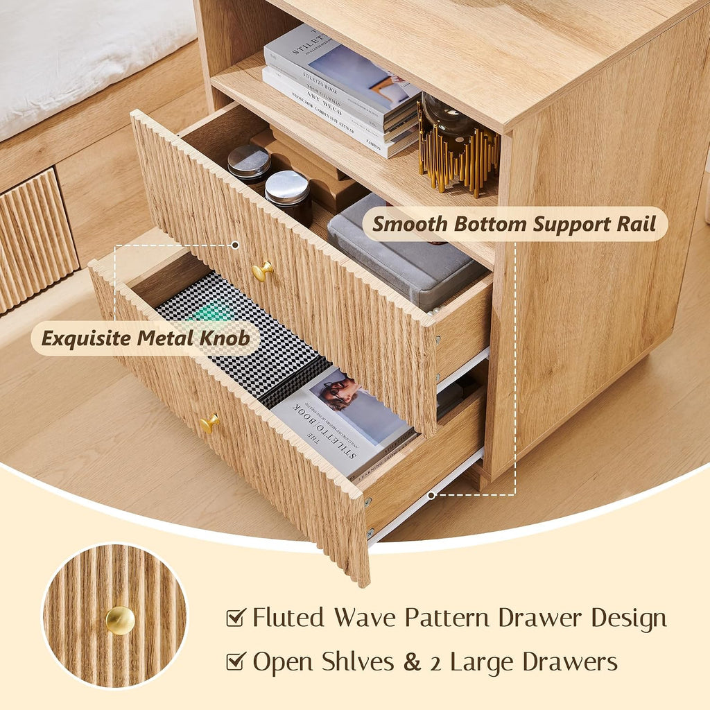 Fluted Night Stand with Charging Station, 21.65" Wide 2 Drawers Nightstand with & Open Shelf and Golden Metal Handle