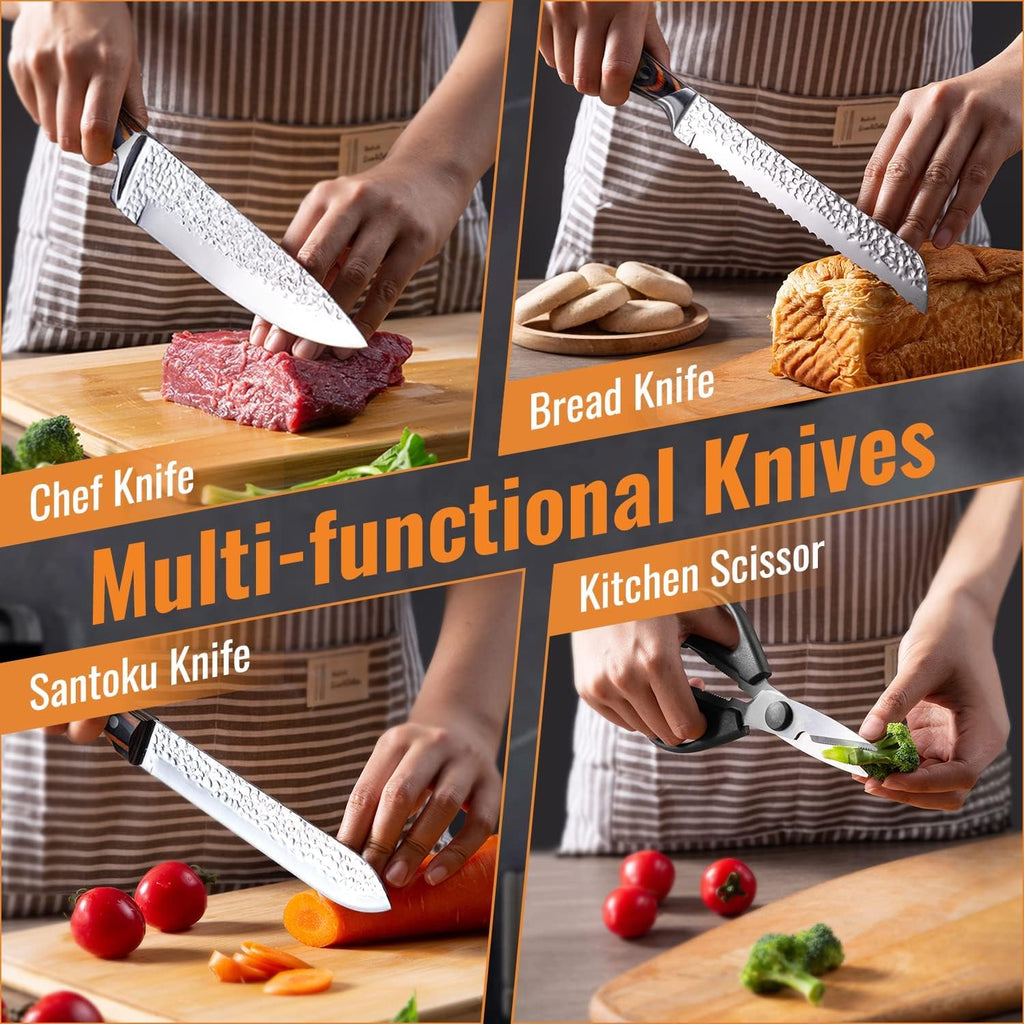 Kitchen Knife Sets with Block, 15-Piece High Carbon Stainless Steel Knife Block Set with Sharpener, Ultra-Sharp
