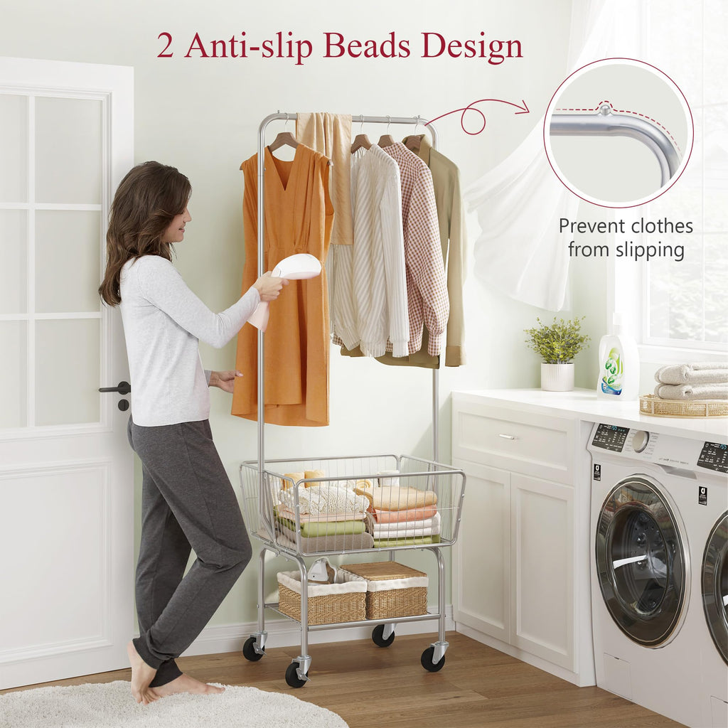 Rolling Laundry Cart with Hanging Rack & Laundry Basket, Silver