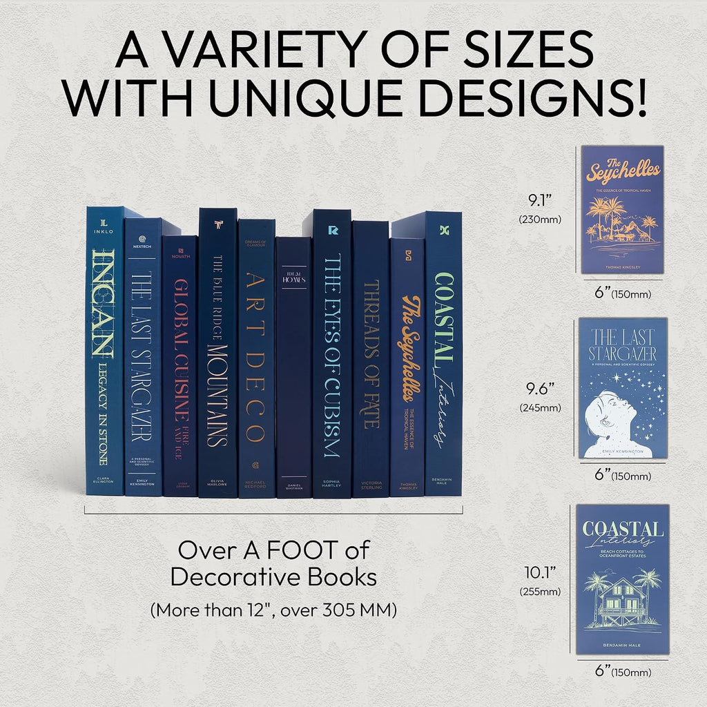 Decorative Books | Blue 10 Book Set with 3 Sizes | Preassembled with Hidden Storage | Perfectly Stackable for Easy