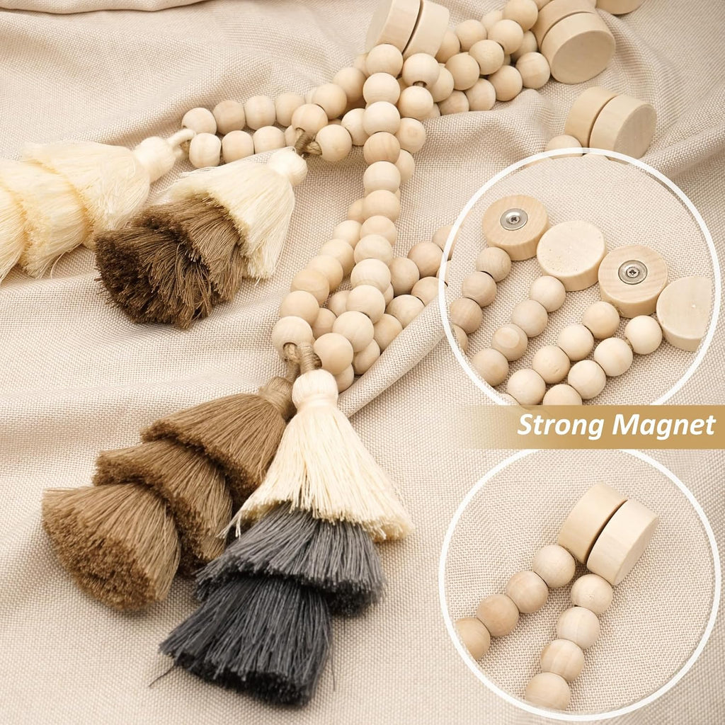 Magnetic Curtain Tiebacks with Wood Beads, Boho Rope Drapery Holdbacks with Triple Tassels, No Drill Curtain Holders