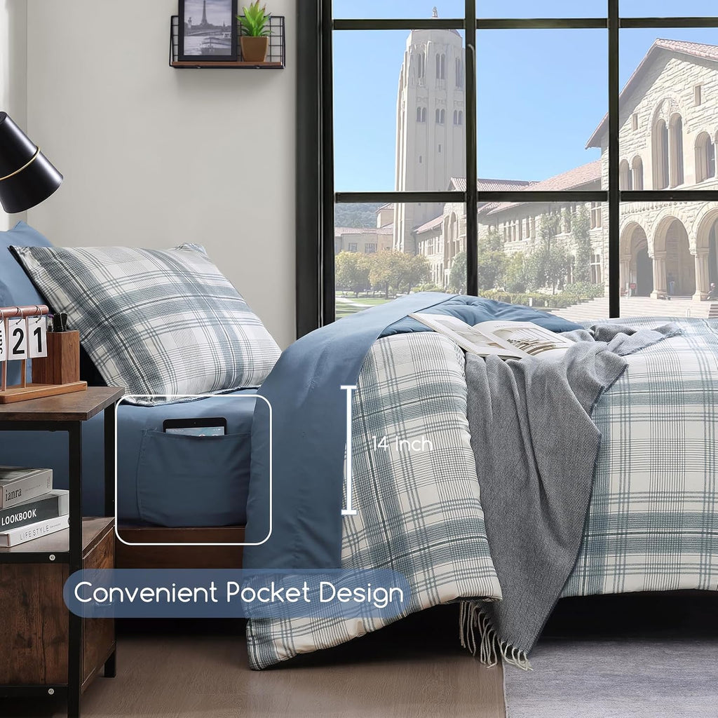Plaid Twin XL Comforter Set Blue Grey 5 Pieces College Dorm Bed in a Bag - Set of 5