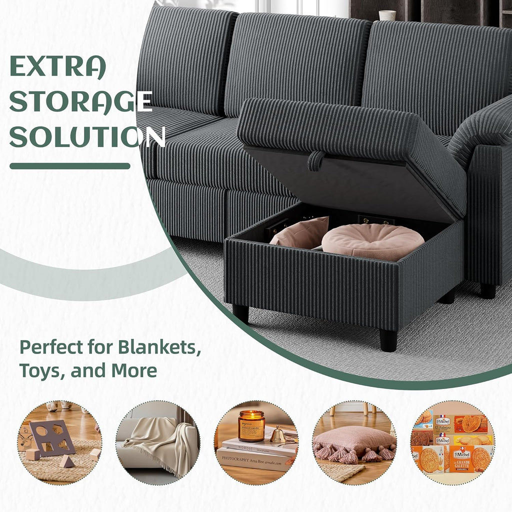 Convertible Sectional Sofa Couch, 3 Seat L Shaped Sofa with Removable Pillows Soft Corduroy Fabric Small Couch Mid