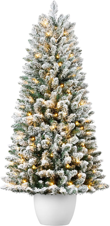 Prelit Potted Flocked Pencil Christmas Tree, 4 to 6 ft, Artificial Lighted Holiday Décor, Front Porch