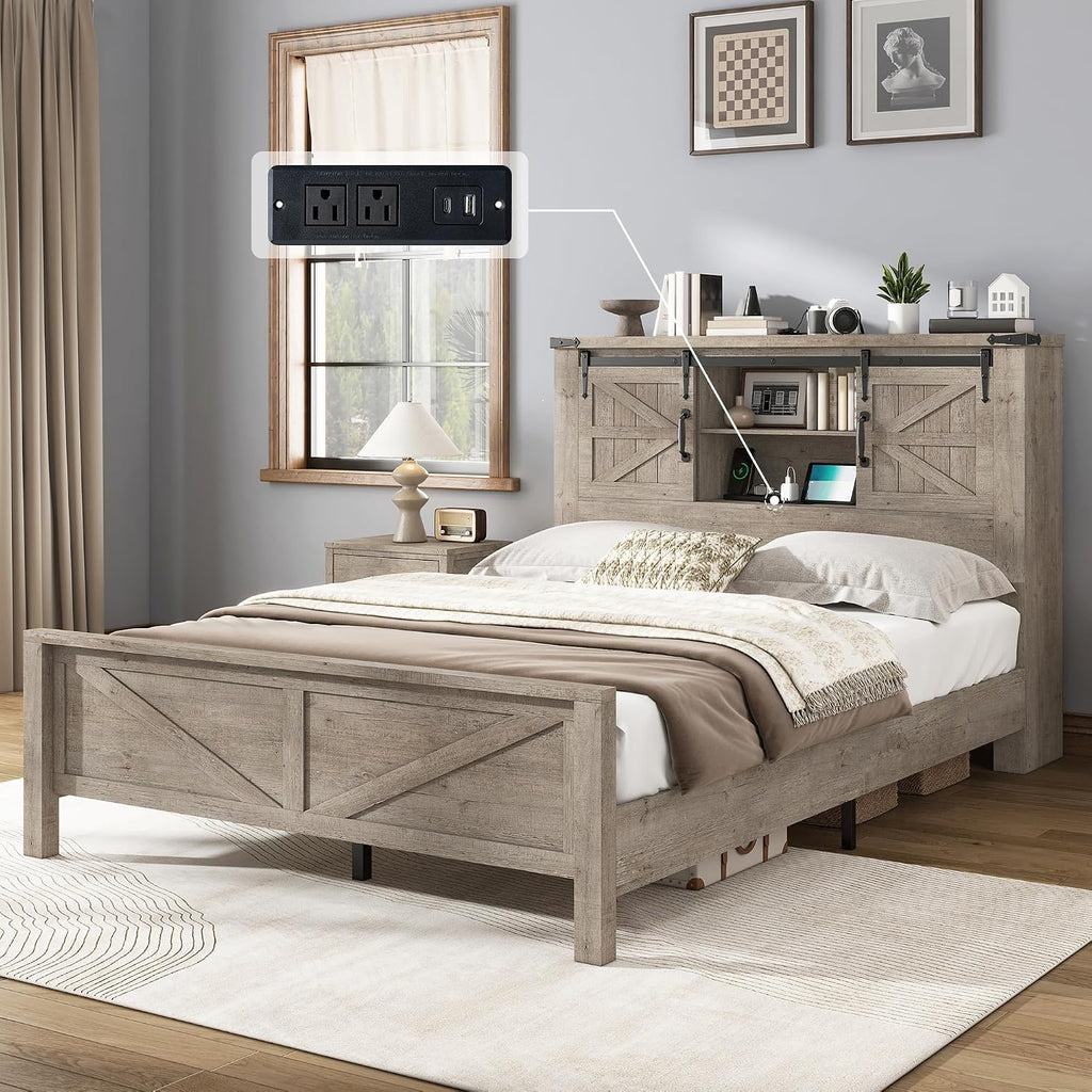 Farmhouse Full Bed Frame with Storage Headboard & Charging Station, Rustic Wood Platform Bed with Barn Door Bookcase