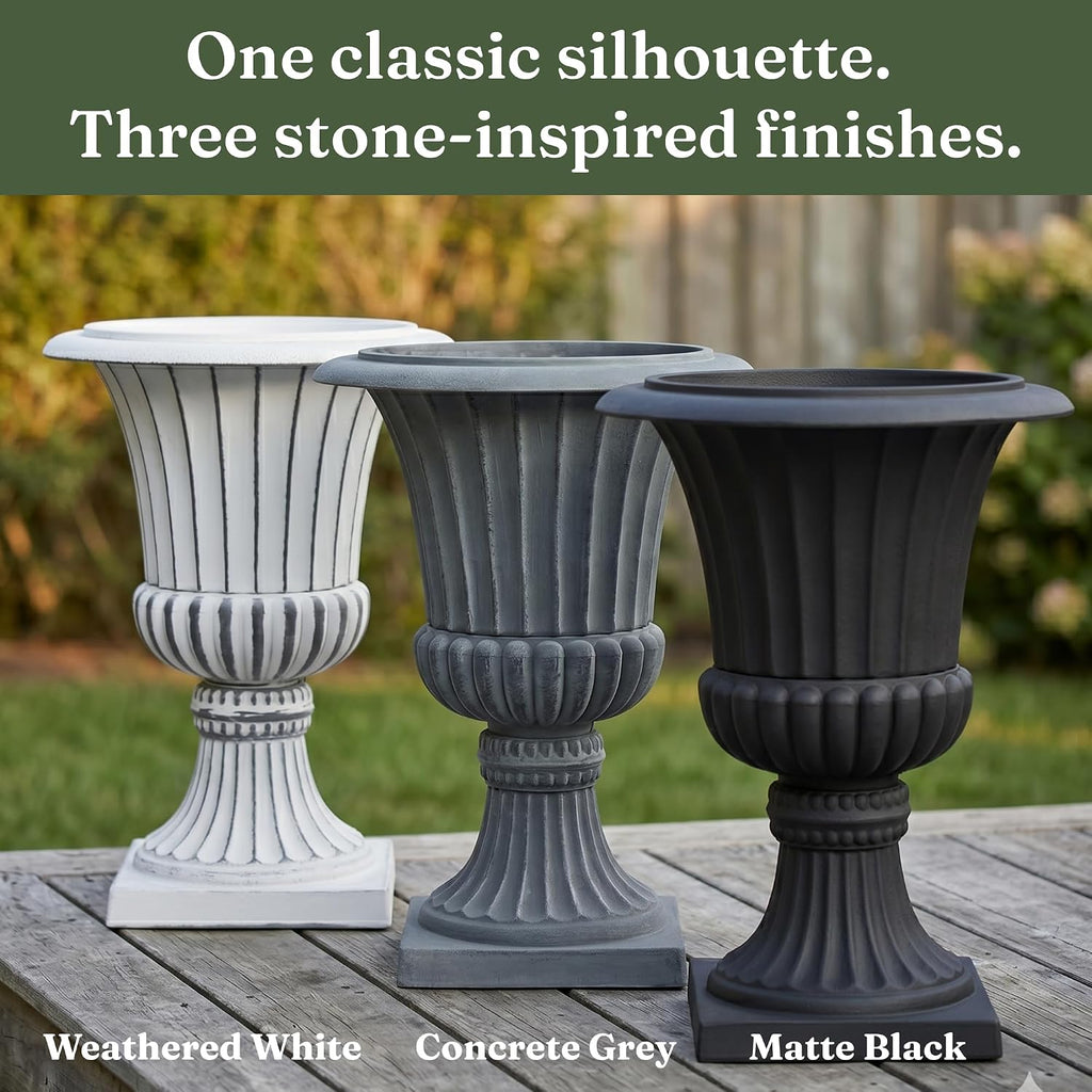 Urn Planters 22", Set of 2, Tall Stone-Resin Pedestal Planters for Outdoor Plants, Large Front Porch Decor, Patio