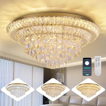 24 inch Crystal Gold Ceiling-Light Flush Mount With Remote Control and APP | 3CCT Dimmable & Brightness Adjustable