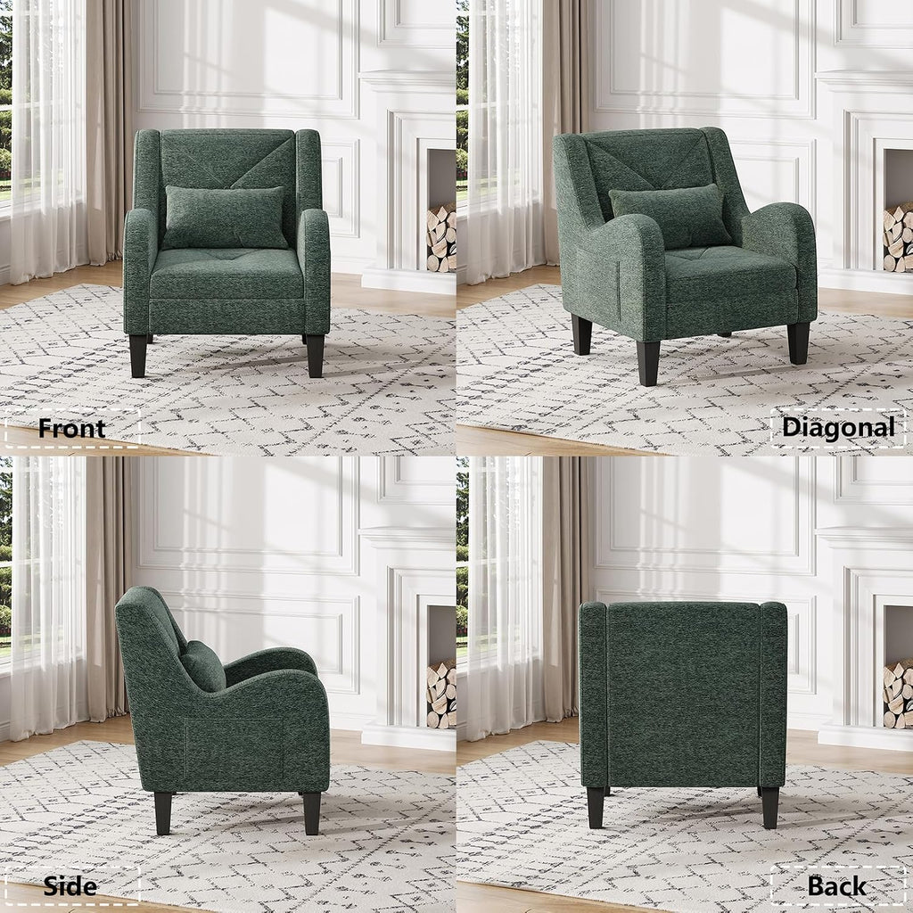 Chenille Accent Chair Bedroom Chair Comfy Reading Chair Upholstered Arm Chair, Single Sofa Chair with Lumbar Pillow