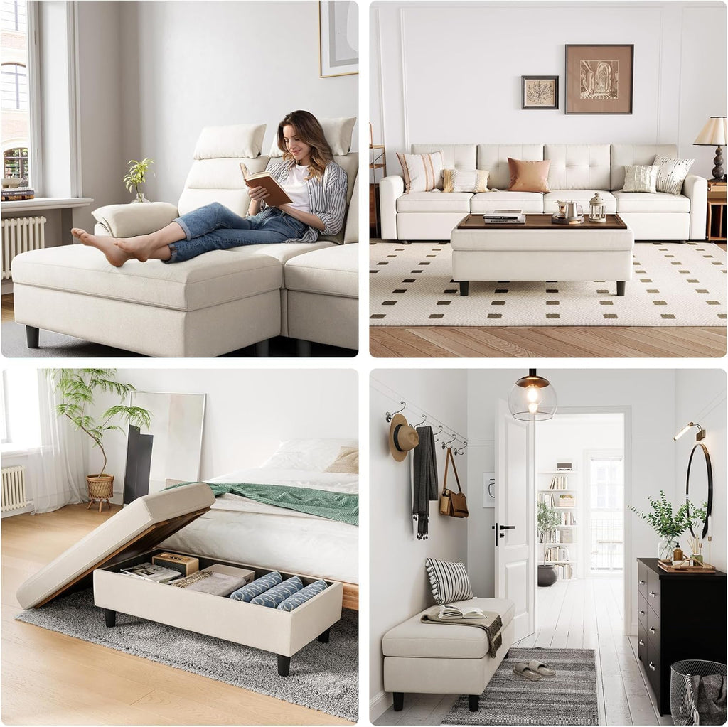46 Inches Wide Storage Ottoman Bench, Linen Coffee Table Folding Long Shoes Bench Footstool, Storage Chest, Foot Rest