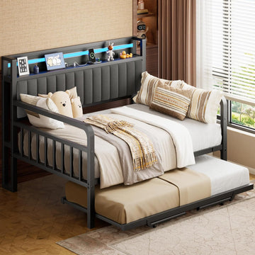 Daybed with Trundle and LED Light, Heavy Duty Metal Full Bed Frame with Upholstered Storage Headboard & Charging