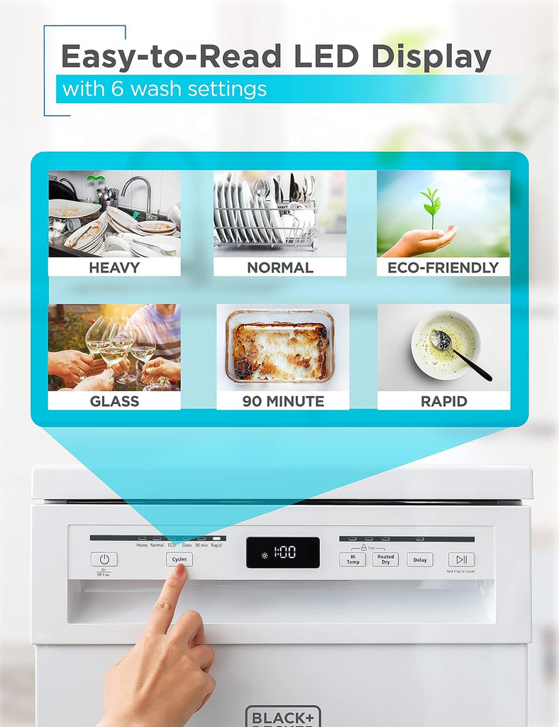 18” Portable Dishwasher, Compact Dish Washer with 8-Place Setting Capacity, Stainless Steel Tub, 6 Wash Programs