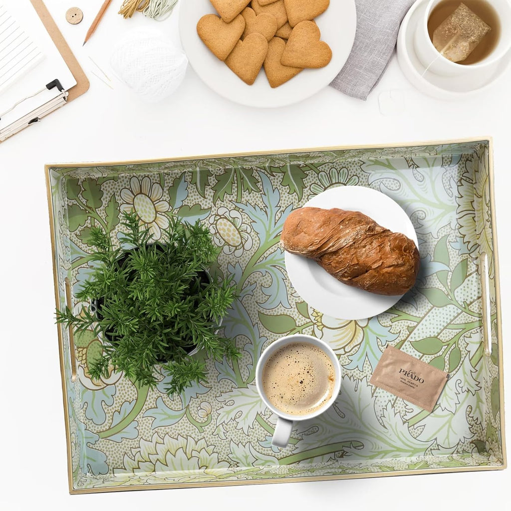 Serving Tray with Handles, Plastic Decorative Tray for Coffee Table, Living Room, Home Decor, Dianthus