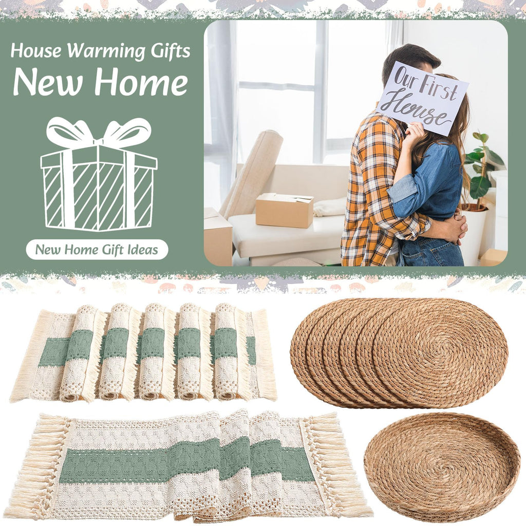 Boho Table Runner and Placemats Set, 6 Sets, Green, 12x72