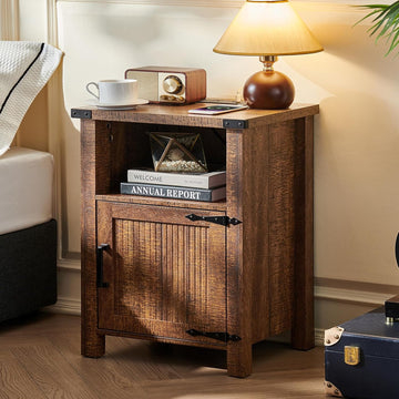 Night Stand with Charging Station and USB Port, 18 Inch Farmhouse Nightstand with Storage Shelf, Rustic Wood Bedside