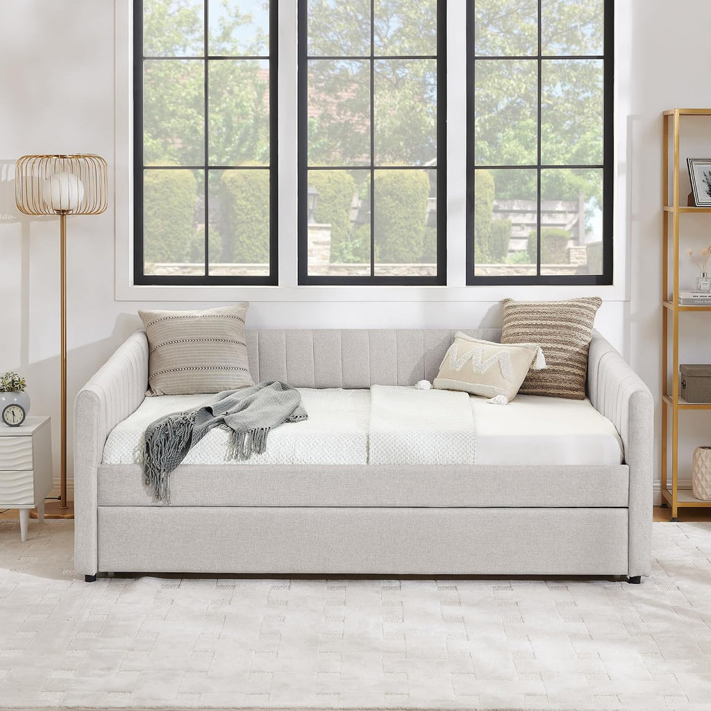 Daybed with Trundle, Modern Linen Full Day Bed with Pull Out Trundle Bed, Upholstered Sofa Bed with Stripes