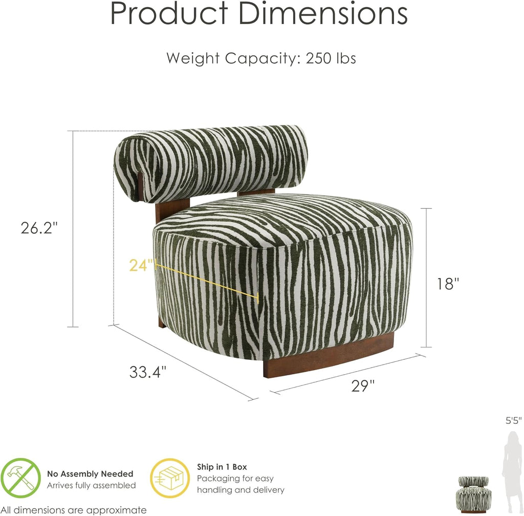 Sebras Modern Chenille 30.3-inch Accent Chair with Zebra-Stripe, Cylindrical Backrest , Green