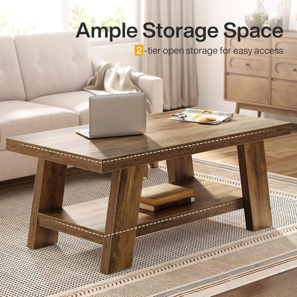 47-Inch Farmhouse Coffee Table with Storage Shelf, Rustic Wooden Center Table, 2-Tier Rectangle Coffee Table (Rustic ...
