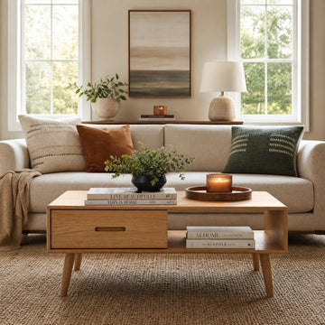Fully-Assembled 100% Oak Wood Coffee Table with Storage