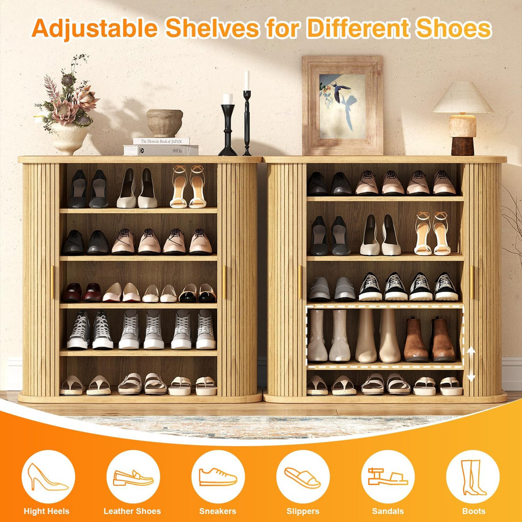 5-Tier Sliding Door Shoe Cabinet, Adjustable Shelves Wooden Shoe Storage with Gold Handle, Mid-Century Modern