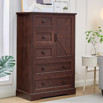 Dresser , Farmhouse Dresser with 5 Wooden Drawers and Storage Cabinet, 48 Inches Tall Chest of Drawers , Dark Cherry