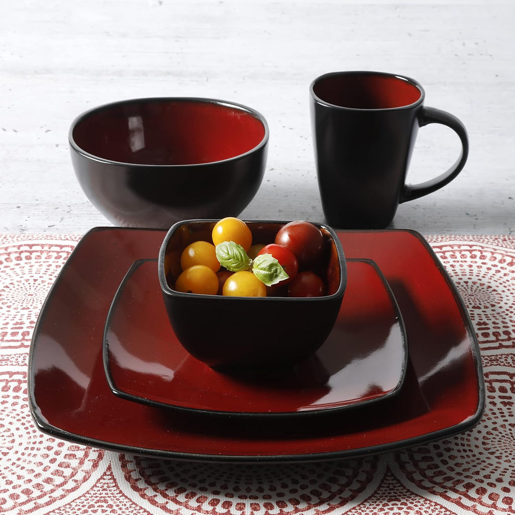 Soho Lounge Square Reactive Glaze Stoneware Dinnerware Set, Service for 8 (40pc), Red/Black