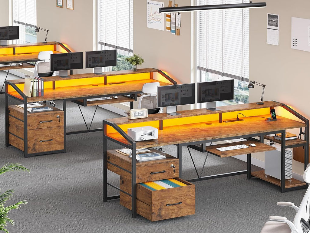 63" Computer Desk, Office Desk with Lock Drawers for Legal/Letter File, Gaming Desk with LED Light & Power Outlet