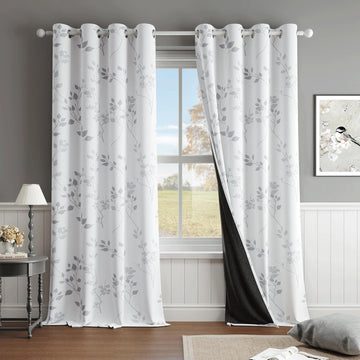 Floral 100% Blackout Curtains 2 Panels for Bedroom Living Room Grey White Flower Patterned Room