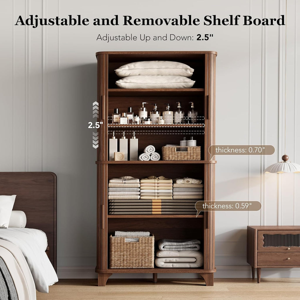 69" Tall Kitchen Pantry Storage Cabinet with Sliding Door, Modern Curved Edge Pantry Storage Cabinet with 5 Shelves