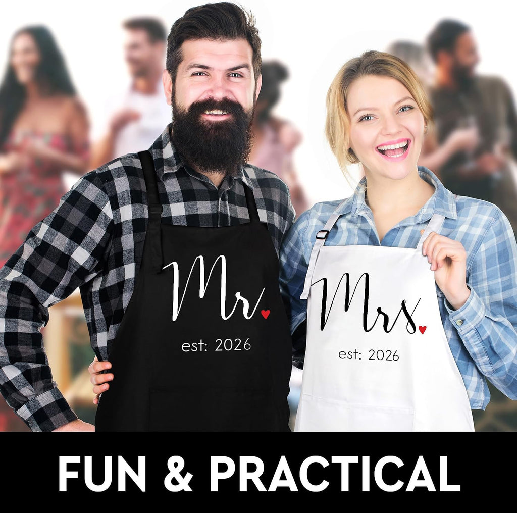 Couples Aprons, Mr. & Mrs. Est: 2026 Black & White