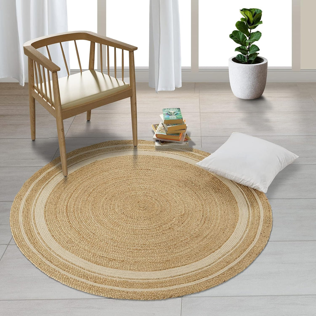 6' ft Round Jute Cotton Area Rug - Natural Fiber Handmade Boho Charm Farmhouse Jute Area Rug Soft Br