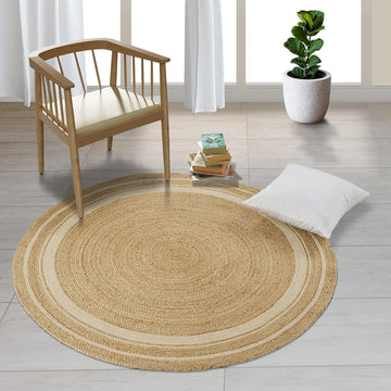 6' ft Round Jute Cotton Area Rug - Natural Fiber Handmade Boho Charm Farmhouse Jute Area Rug Soft Br