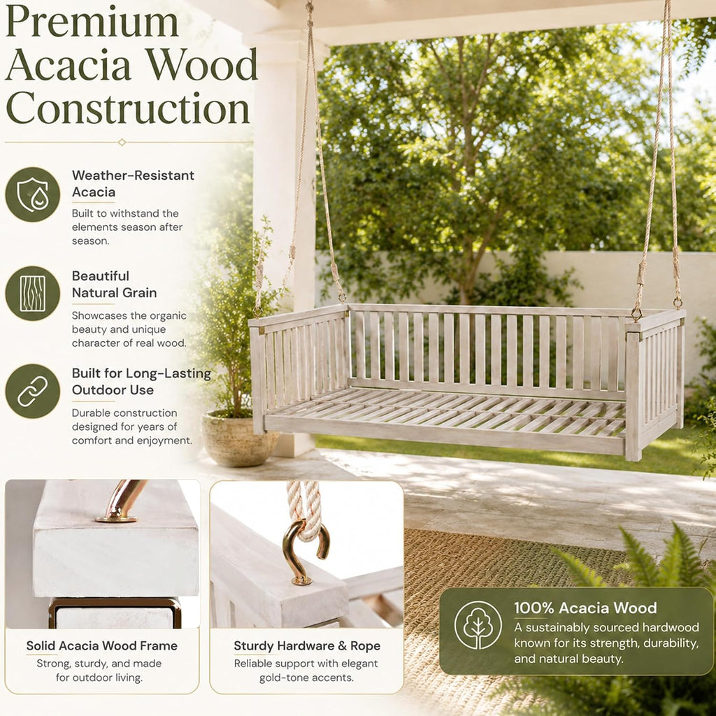 Patio Swing Bed, Twin Size Acacia Wood Porch Swing | Acacia wood frame, twin mattress fit, sloped seat design, 350 lb