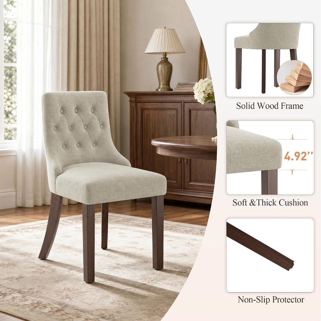 Upholstered Dining Chairs Set of 2, Wingback Dining Room Chairs with Tufted Button, Fabric Dining Chairs with Solid