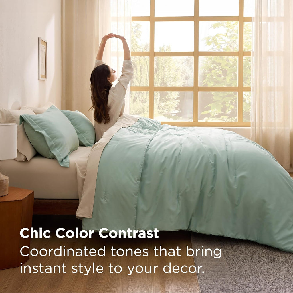 Comforter Set - 7 Pieces Sage Green Bedding Set for All Seasons