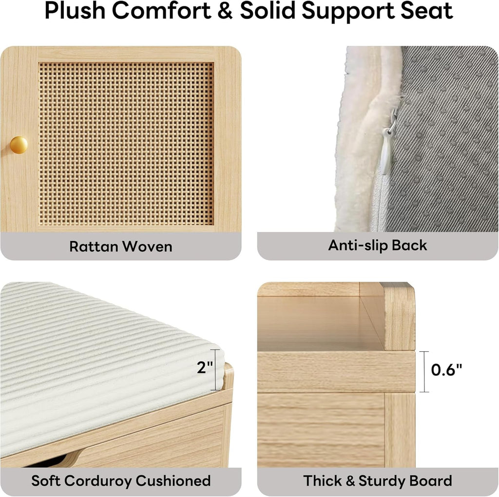 47.2" Shoe Bench with Lift Top Storage, Entryway Bench with Cushioned Seat, 2-Tier Rattan Shoe Cabinet with
