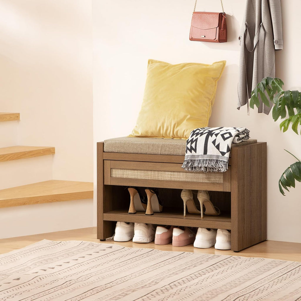 Rattan Shoe Bench Entryway Bench with Storage Drawer and Linen Seat Cushion, Farmhouse Boho Shoe Rack with Shelf