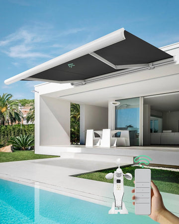 12'x8.2' Solar Motorized Retractable Patio Awnings with Wind Sensor | Smart Electric Awning for Outdoor Decks, Full