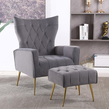 Velvet Accent Chair with Ottoman, Upholstered Tufted Wingback Arm Chair Modern Decorative Chairs with Gold Metal Legs