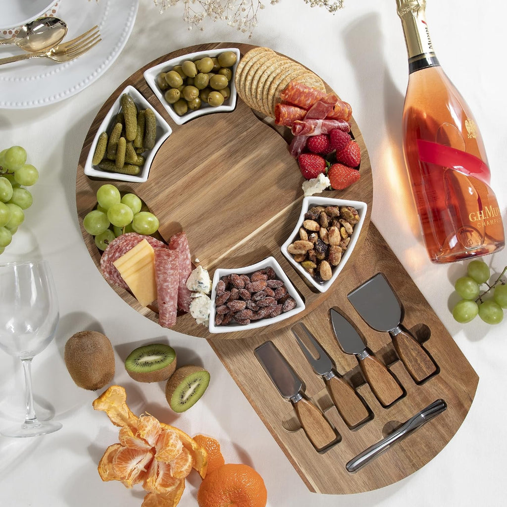 Acacia Cheese Board & Knife Set, Round Charcuterie Board with Ceramic Bowls, Hidden Slide-Out Drawer & Serving