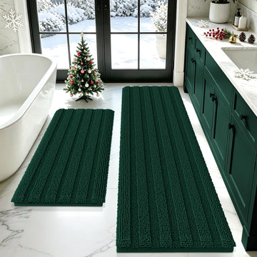 Christmas Striped Deep Green Bathroom Rug Mat Set 2 piece 32"x20"+60"x20" Ultra Soft, Non Slip Chenille Bath Rugs