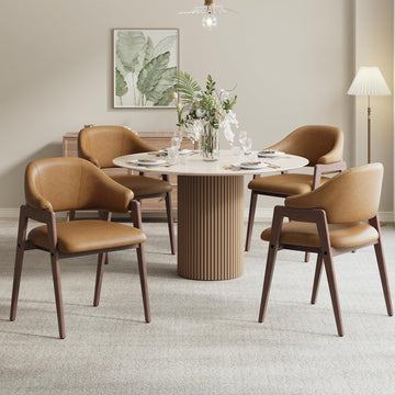 Wooden Dining Chairs Set of 4, Faux Leather, Curved Open Back, Brown