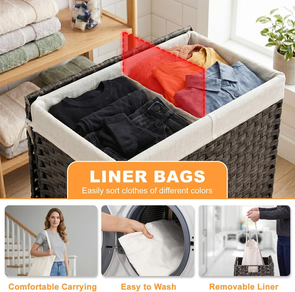 Handwoven Laundry Hamper with Lid, 110L Foldable Rattan Clothes Basket with 2 Removable Liners & 6 Mesh Laundry Bags